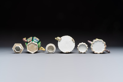 Three famille verte-style and verte biscuit-style teapots, a wine pot and a model of Dongfang Shuo, Samson, Paris, Ding mark, 19th C.