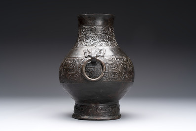 A Chinese archaistic bronze vase, 'Hu 壺', Song/Yuan