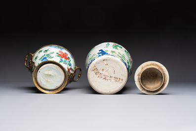 A Chinese wucai covered vase with narrative design and a jar mounted as a wine cooler, Transitional period
