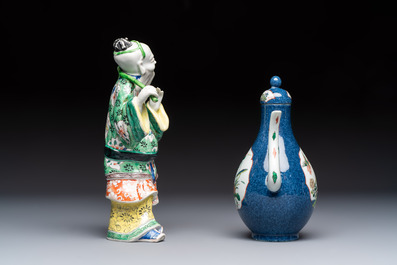 Three famille verte-style and verte biscuit-style teapots, a wine pot and a model of Dongfang Shuo, Samson, Paris, Ding mark, 19th C.