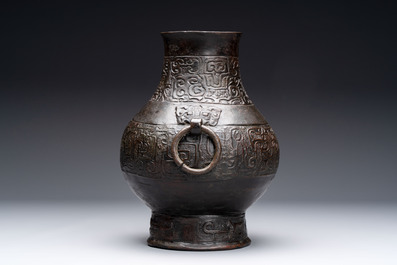A Chinese archaistic bronze vase, 'Hu 壺', Song/Yuan