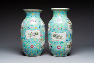 A pair of Chinese famille rose 'Playing Boys' vases, an 'Antiquities' vase and a vase with narrative design, Qianlong marks, 20th C.