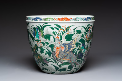 A fine famille verte-style 'Mythical Beasts and Fish' scroll pot or jardini&egrave;re, Samson, Paris, 19th C.