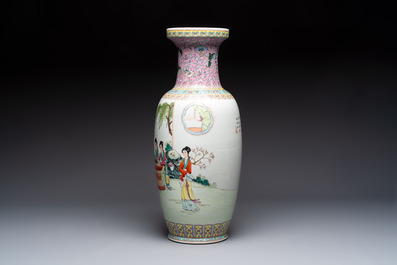 A Chinese famille rose 'Eight Immortals' dish and an 'Elegant Beauties' vase, Qianlong and Jingdezhen 景德鎮 mark, 20th C.