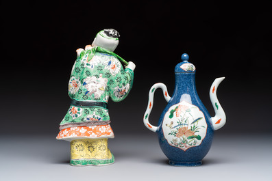 Three famille verte-style and verte biscuit-style teapots, a wine pot and a model of Dongfang Shuo, Samson, Paris, Ding mark, 19th C.
