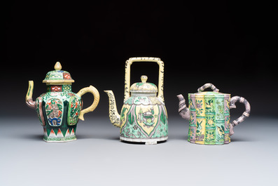 Three famille verte-style and verte biscuit-style teapots, a wine pot and a model of Dongfang Shuo, Samson, Paris, Ding mark, 19th C.