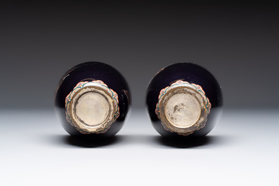 A pair of Japanese silver wire cloisonn&eacute; 'Dragon' vases, Meiji, 19th C.