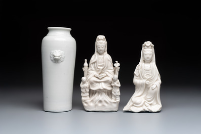Two Chinese Dehua blanc de Chine groups of Guanyin and a vase with lion-head handles, 18th C. and later
