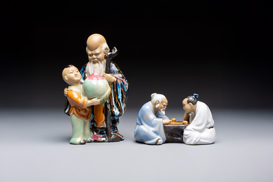 A Chinese polychrome-glazed Shiwan stoneware figure of Tudigong, a 'Shoulao' group and a 'Go Players' group, China marks, 19/20th C.
