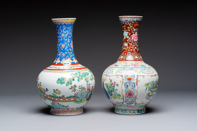 A pair of Chinese famille rose 'Playing Boys' vases, an 'Antiquities' vase and a vase with narrative design, Qianlong marks, 20th C.