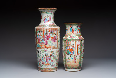 Four Chinese Canton famille rose vases with narrative design, 19th C.