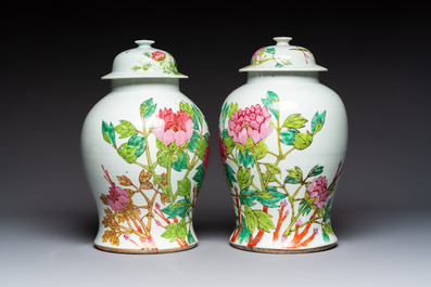 Two Chinese famille rose 'Birds among Flowering Branches' covered vases and a covered jar, 19/20th C.