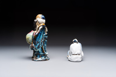 A Chinese polychrome-glazed Shiwan stoneware figure of Tudigong, a 'Shoulao' group and a 'Go Players' group, China marks, 19/20th C.
