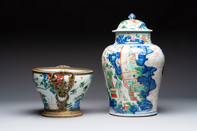 A Chinese wucai covered vase with narrative design and a jar mounted as a wine cooler, Transitional period