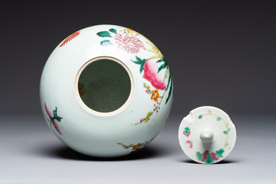 Two Chinese famille rose 'Birds among Flowering Branches' covered vases and a covered jar, 19/20th C.