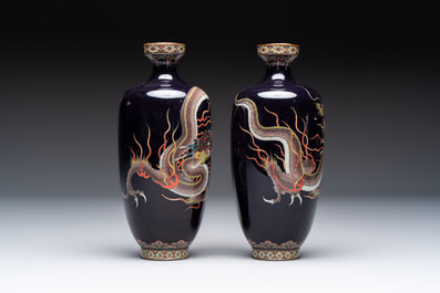 A pair of Japanese silver wire cloisonn&eacute; 'Dragon' vases, Meiji, 19th C.