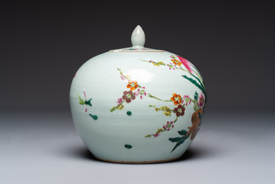 Two Chinese famille rose 'Birds among Flowering Branches' covered vases and a covered jar, 19/20th C.