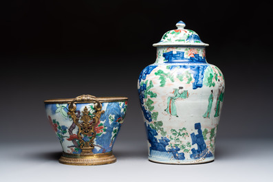 A Chinese wucai covered vase with narrative design and a jar mounted as a wine cooler, Transitional period