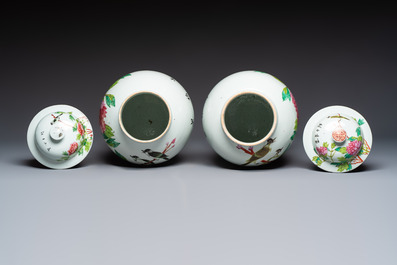 Two Chinese famille rose 'Birds among Flowering Branches' covered vases and a covered jar, 19/20th C.