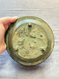 Two small Chinese bronze brush washers, Dong Chang Qi 董昌器 and Da Xiang Yuan Nian 大象元年 marks, Yuan/Ming
