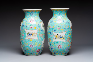 A pair of Chinese famille rose 'Playing Boys' vases, an 'Antiquities' vase and a vase with narrative design, Qianlong marks, 20th C.