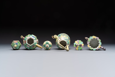 Three famille verte-style and verte biscuit-style teapots, a wine pot and a model of Dongfang Shuo, Samson, Paris, Ding mark, 19th C.