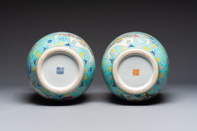 A pair of Chinese famille rose 'Playing Boys' vases, an 'Antiquities' vase and a vase with narrative design, Qianlong marks, 20th C.