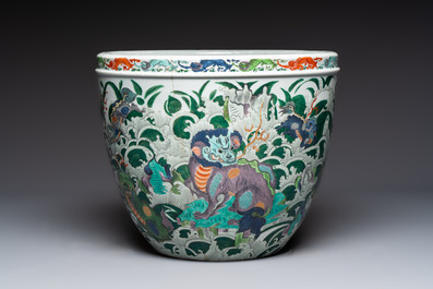 A fine famille verte-style 'Mythical Beasts and Fish' scroll pot or jardini&egrave;re, Samson, Paris, 19th C.