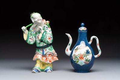 Three famille verte-style and verte biscuit-style teapots, a wine pot and a model of Dongfang Shuo, Samson, Paris, Ding mark, 19th C.