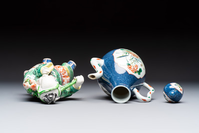 Three famille verte-style and verte biscuit-style teapots, a wine pot and a model of Dongfang Shuo, Samson, Paris, Ding mark, 19th C.
