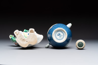 Three famille verte-style and verte biscuit-style teapots, a wine pot and a model of Dongfang Shuo, Samson, Paris, Ding mark, 19th C.
