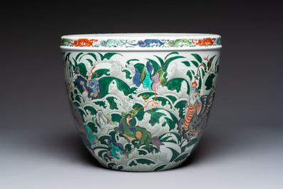 A fine famille verte-style 'Mythical Beasts and Fish' scroll pot or jardini&egrave;re, Samson, Paris, 19th C.