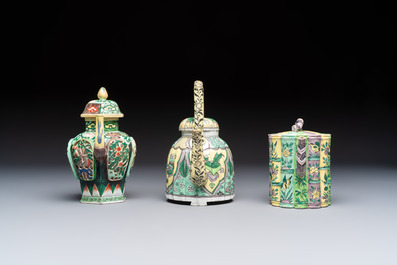 Three famille verte-style and verte biscuit-style teapots, a wine pot and a model of Dongfang Shuo, Samson, Paris, Ding mark, 19th C.