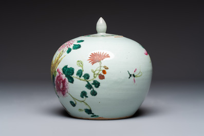 Two Chinese famille rose 'Birds among Flowering Branches' covered vases and a covered jar, 19/20th C.