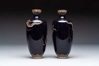A pair of Japanese silver wire cloisonn&eacute; 'Dragon' vases, Meiji, 19th C.