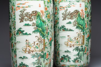 An impressive and fine pair of large Chinese famille verte 'Fishermen and Antiquities' rouleau vases, seal marks, Kangxi