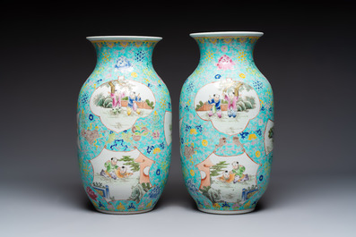 A pair of Chinese famille rose 'Playing Boys' vases, an 'Antiquities' vase and a vase with narrative design, Qianlong marks, 20th C.