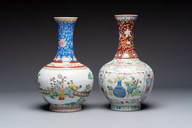 A pair of Chinese famille rose 'Playing Boys' vases, an 'Antiquities' vase and a vase with narrative design, Qianlong marks, 20th C.