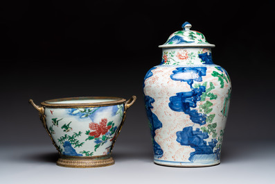 A Chinese wucai covered vase with narrative design and a jar mounted as a wine cooler, Transitional period