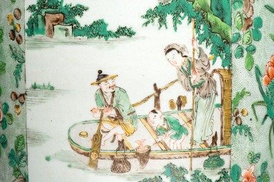 An impressive and fine pair of large Chinese famille verte 'Fishermen and Antiquities' rouleau vases, seal marks, Kangxi