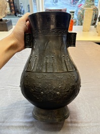 A large Chinese archaistic arrow vase with Taotie design, 'Touhu 投壺', Yuan/Ming