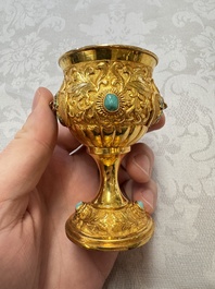 A rare Chinese export precious stone-inset and enamelled gilt-silver coffee set with matching tray, silver marks, 20th C.