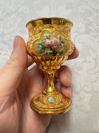 A rare Chinese export precious stone-inset and enamelled gilt-silver coffee set with matching tray, silver marks, 20th C.