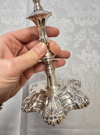 Two English silver candlesticks, William Cafe, London, dated 1751 and 1774