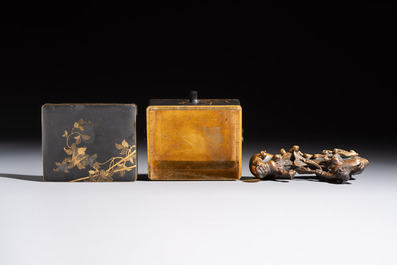 Five Japanese and Japonism bronze wares and three pieces of lacquer ware, 19/20th C.