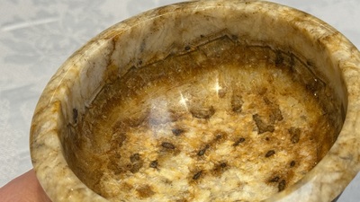 A carved English Blue John fluorspar tazza, ca. 1900