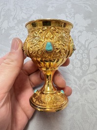 A rare Chinese export precious stone-inset and enamelled gilt-silver coffee set with matching tray, silver marks, 20th C.