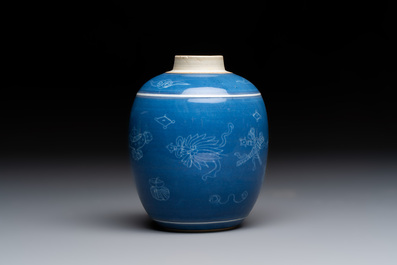 A Chinese blue-glazed 'Antiquities' jar with incised design, Kangxi