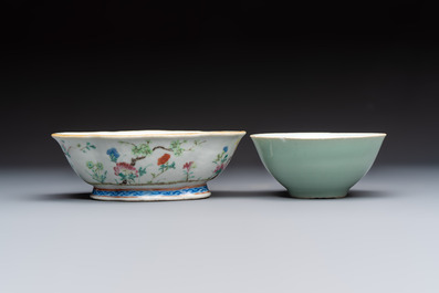 Seven Chinese blue and white, famille rose, and celadon wares, 18/19th C.