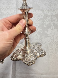 Two English silver candlesticks, William Cafe, London, dated 1751 and 1774